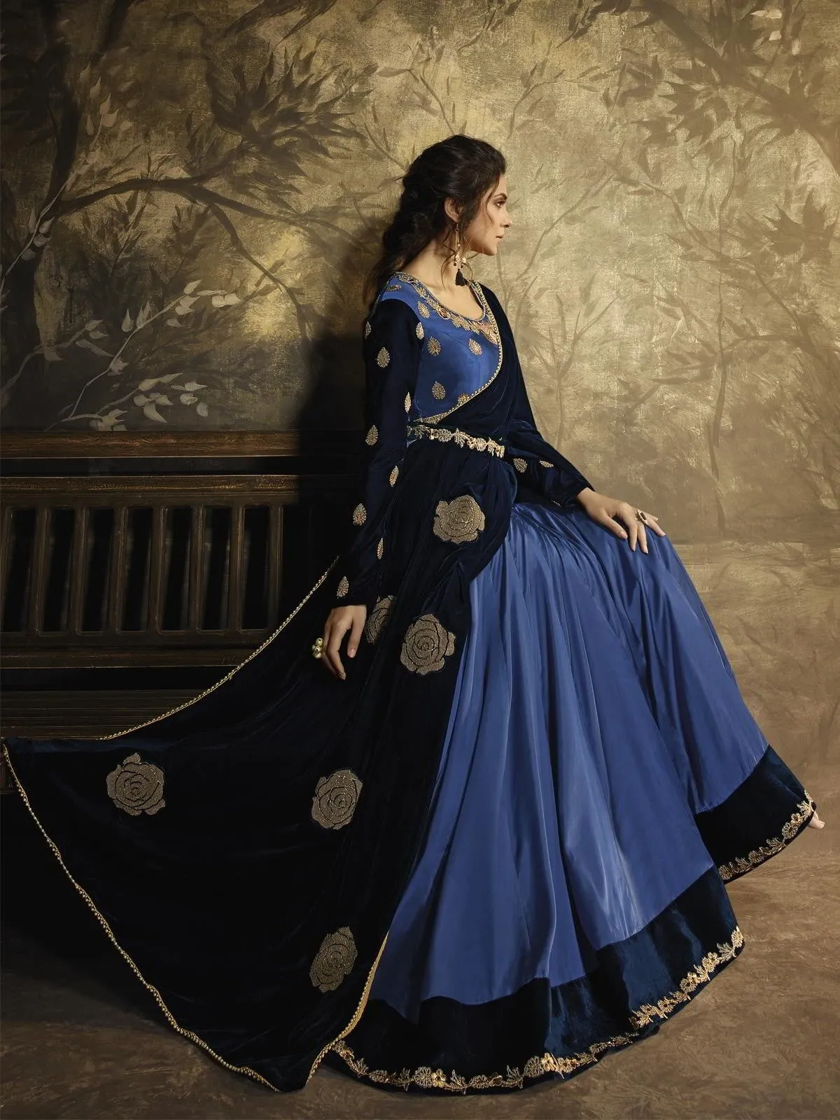 Blue And Navy Satin Silk Embroidered Anarkali Suit