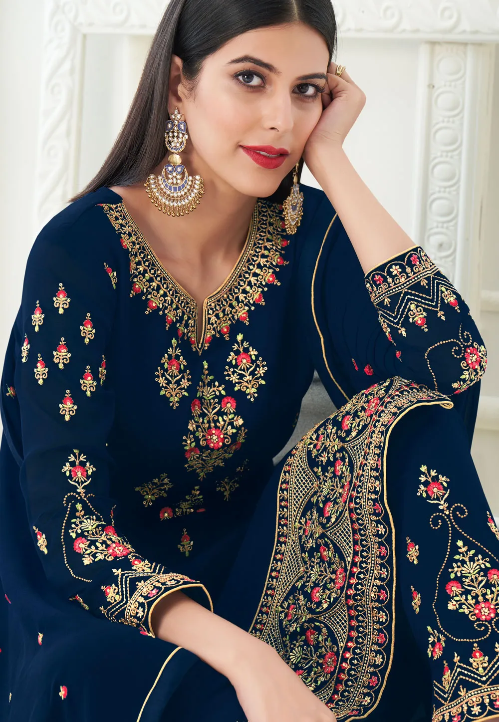 Blue Embroidered Pant Style Suit