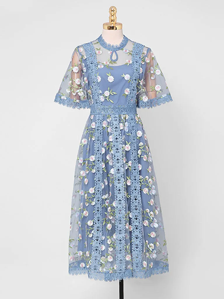 Blue Embroidery Daisy Lace Neck Maxi Dress