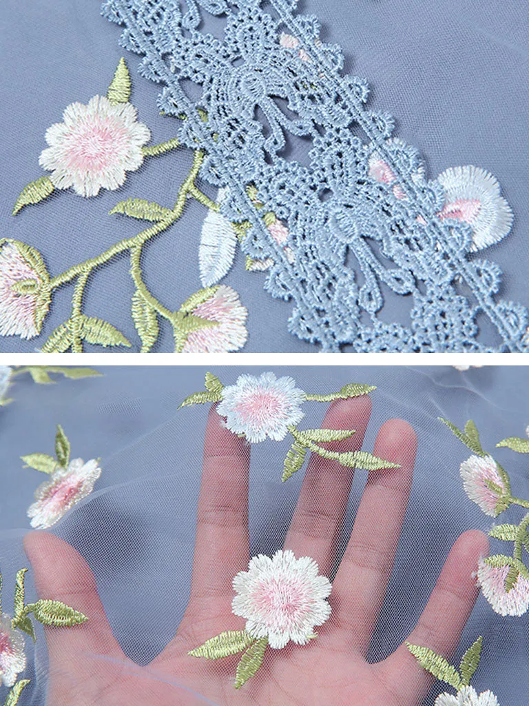 Blue Embroidery Daisy Lace Neck Maxi Dress