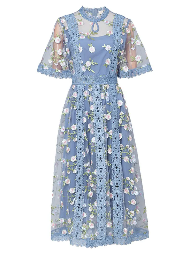 Blue Embroidery Daisy Lace Neck Maxi Dress