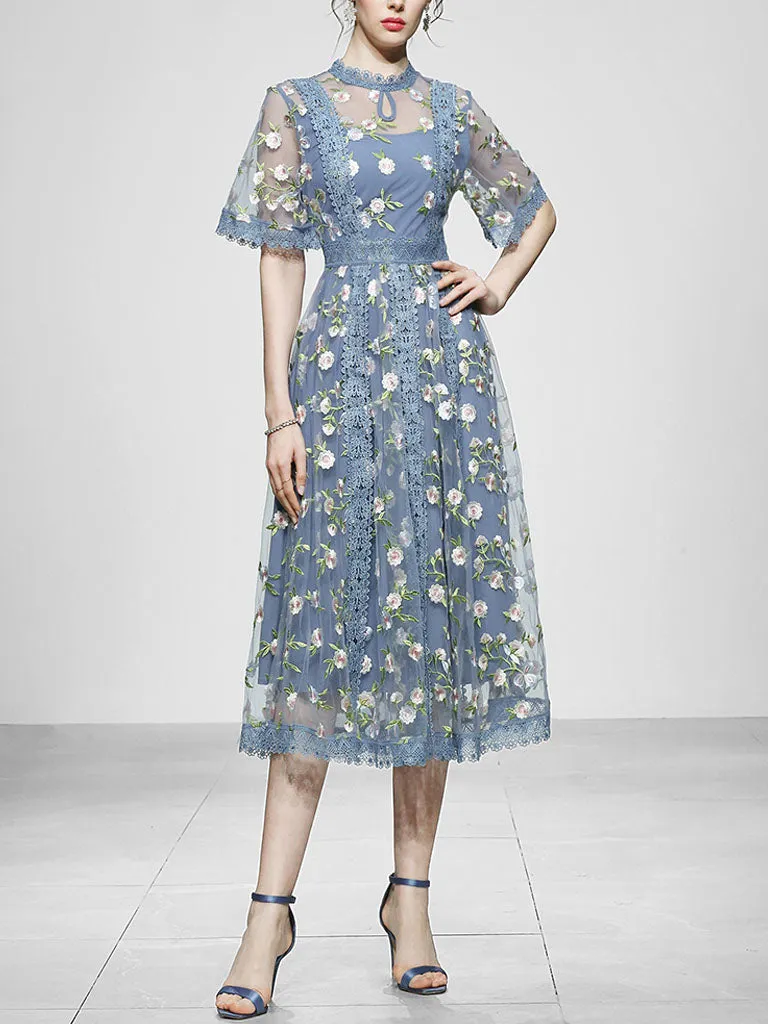 Blue Embroidery Daisy Lace Neck Maxi Dress