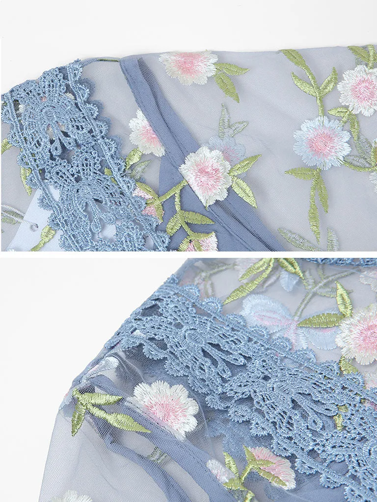 Blue Embroidery Daisy Lace Neck Maxi Dress
