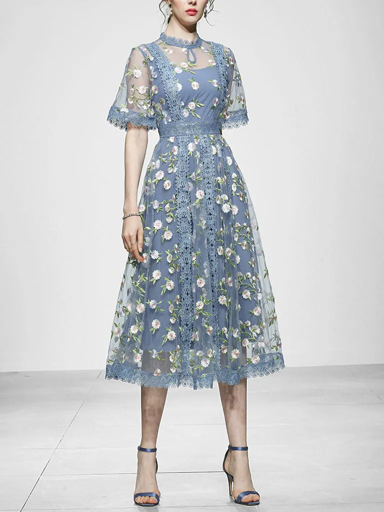 Blue Embroidery Daisy Lace Neck Maxi Dress