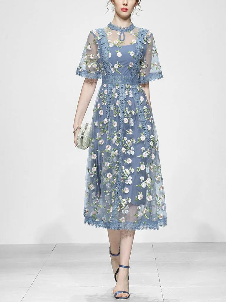 Blue Embroidery Daisy Lace Neck Maxi Dress