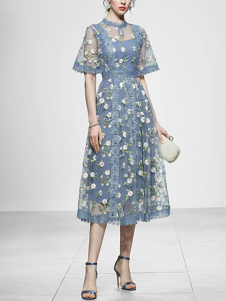Blue Embroidery Daisy Lace Neck Maxi Dress