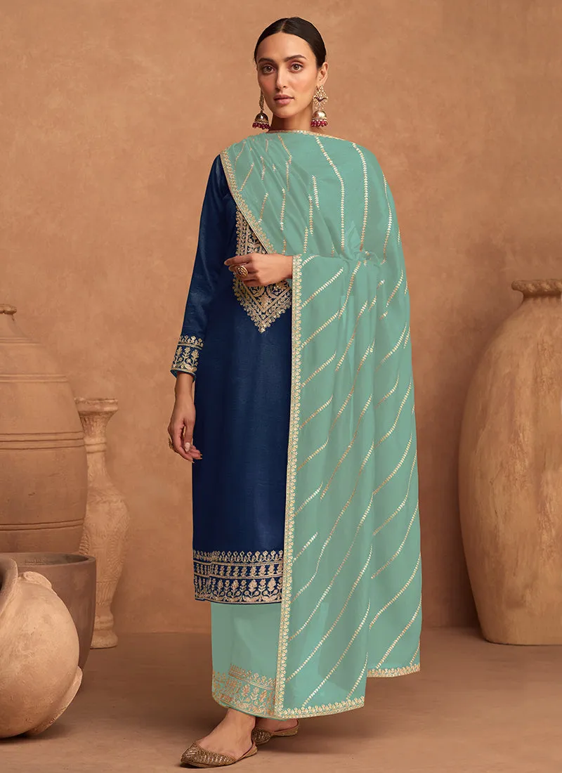 Blue Embroidery Silk Salwar Kameez