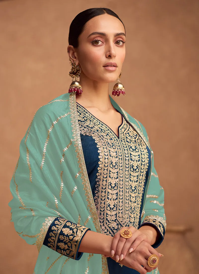 Blue Embroidery Silk Salwar Kameez
