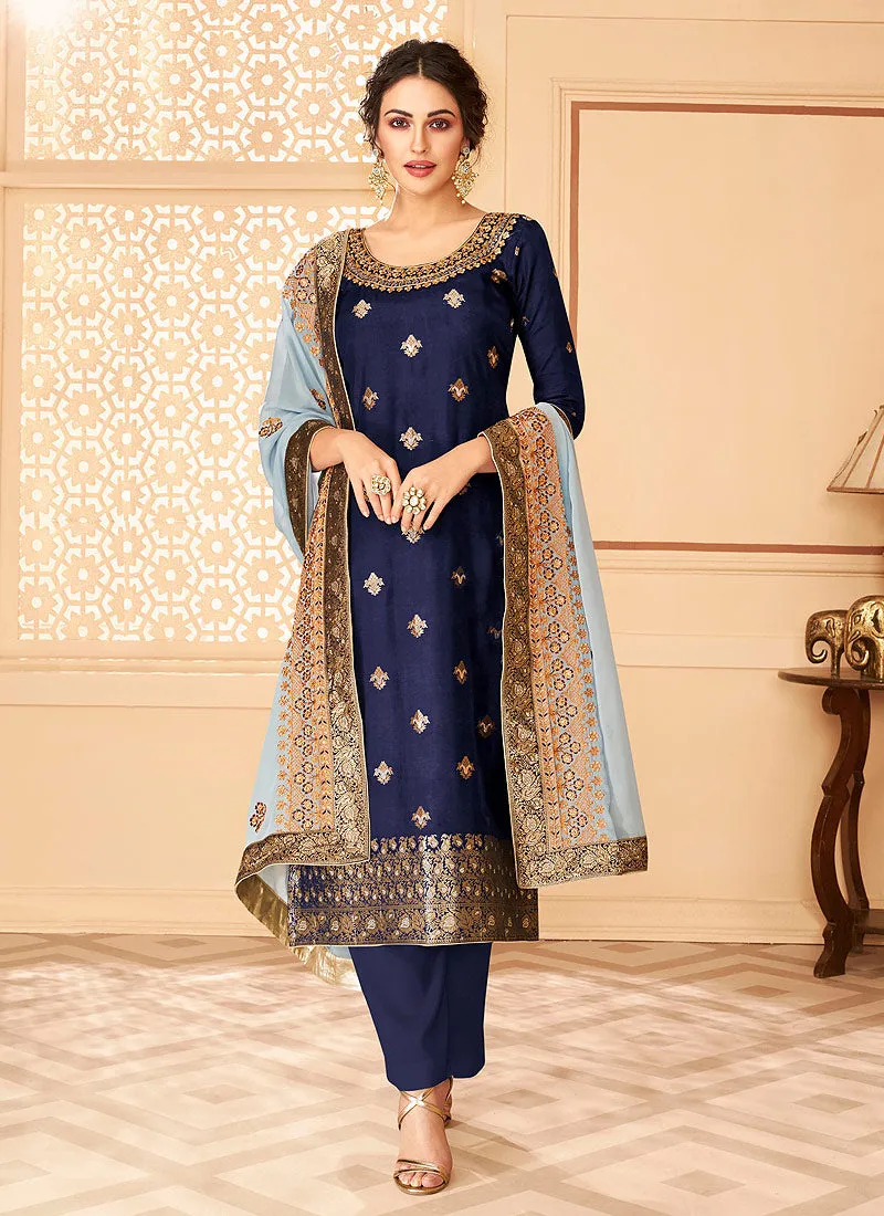 Blue Two Tone Jacquard Palazzo Suit