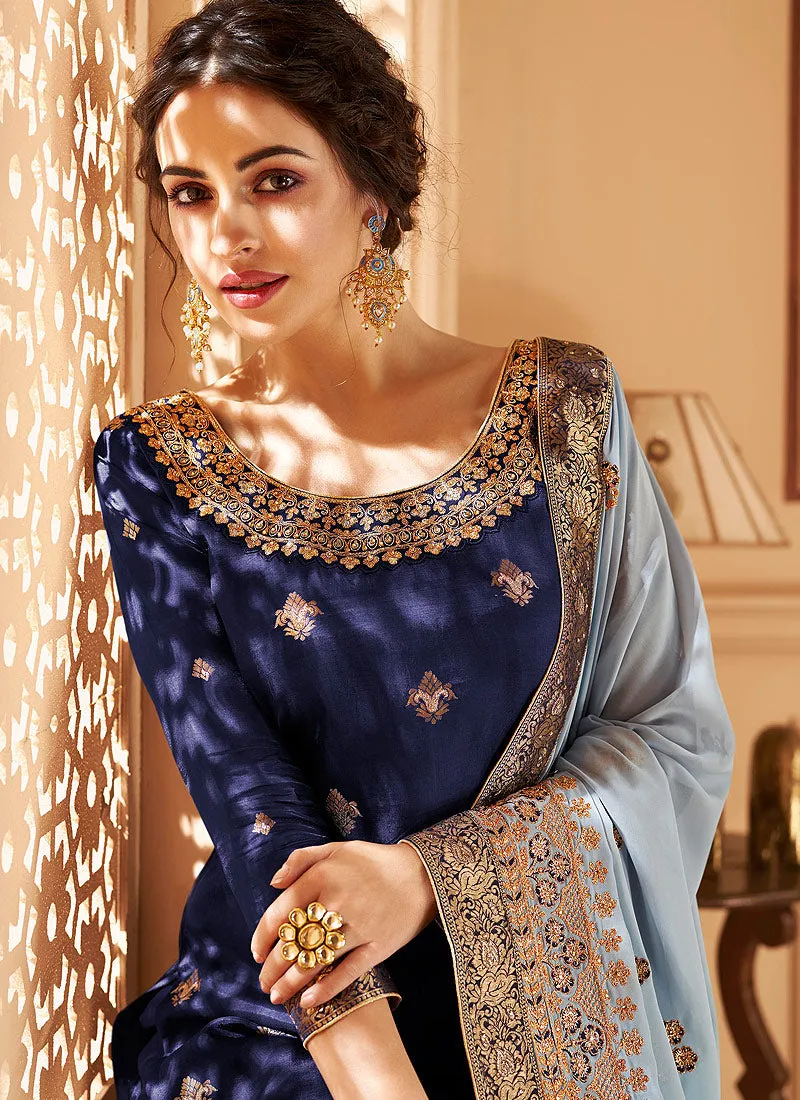 Blue Two Tone Jacquard Palazzo Suit