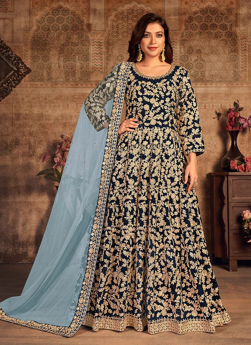 Blue Two Tone Zari Embellished Wedding Anarkali Suit