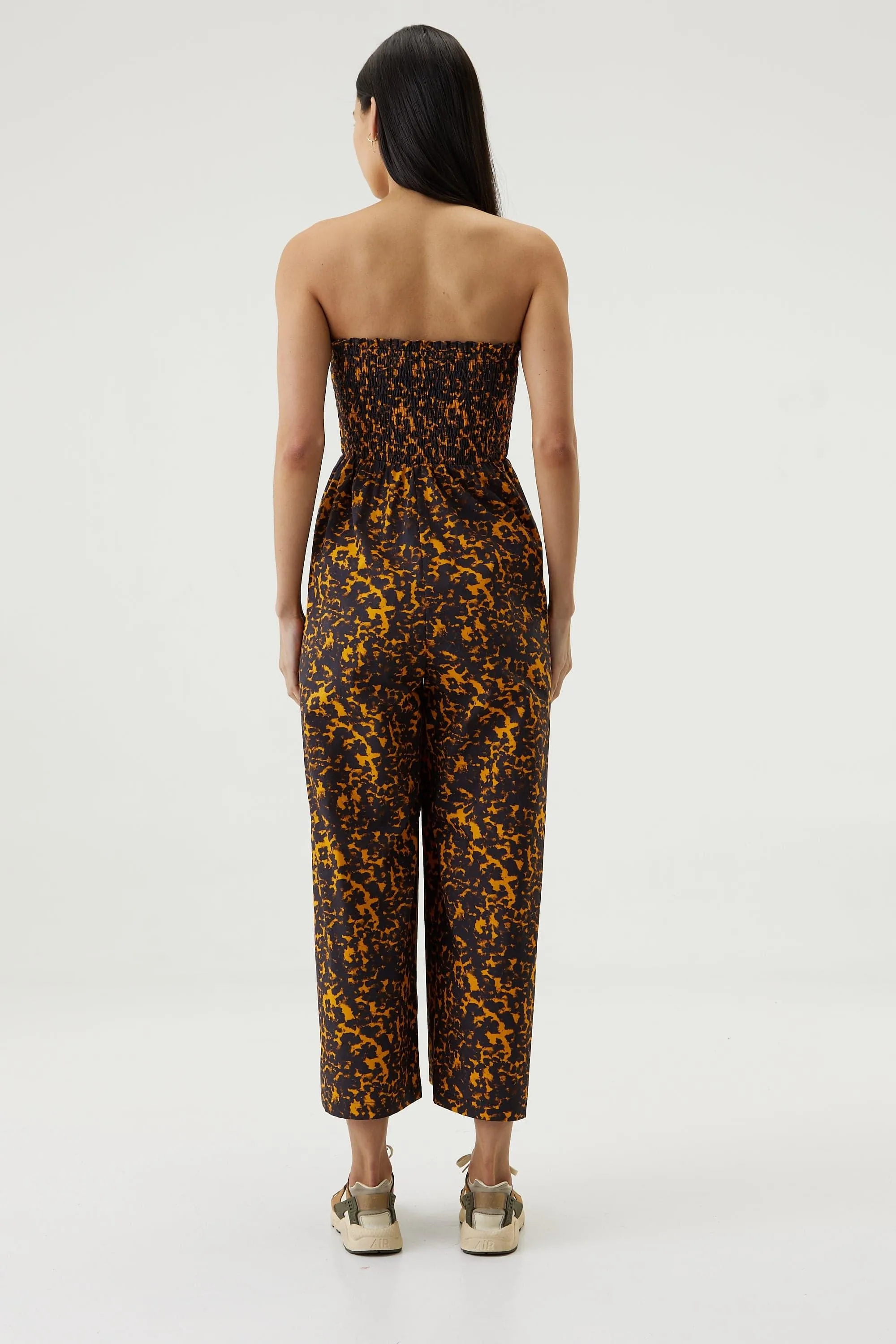 BLUR OUT SHIRRED STRAPLESS JUMPSUIT | ORANGE BLUR
