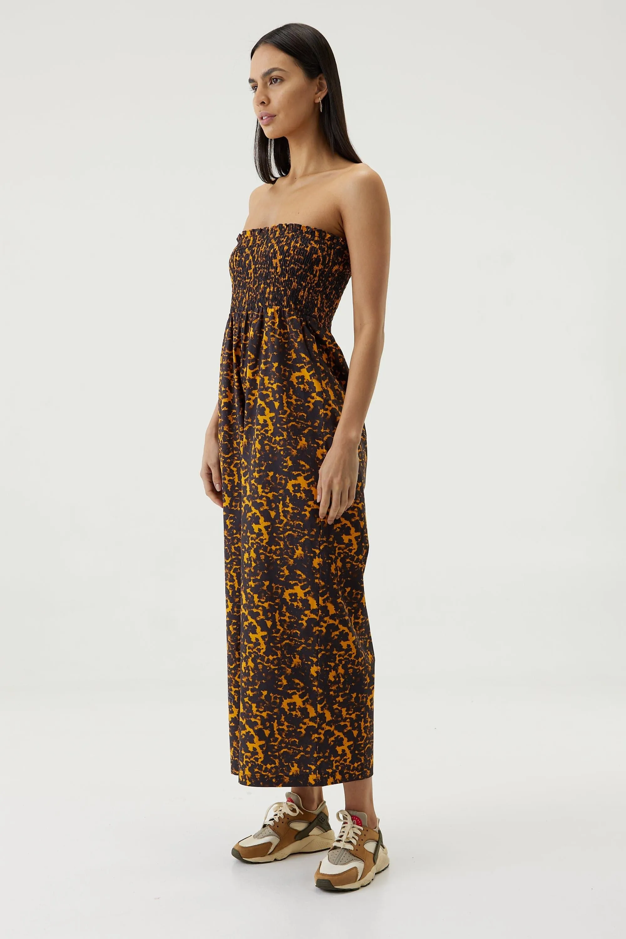BLUR OUT SHIRRED STRAPLESS JUMPSUIT | ORANGE BLUR