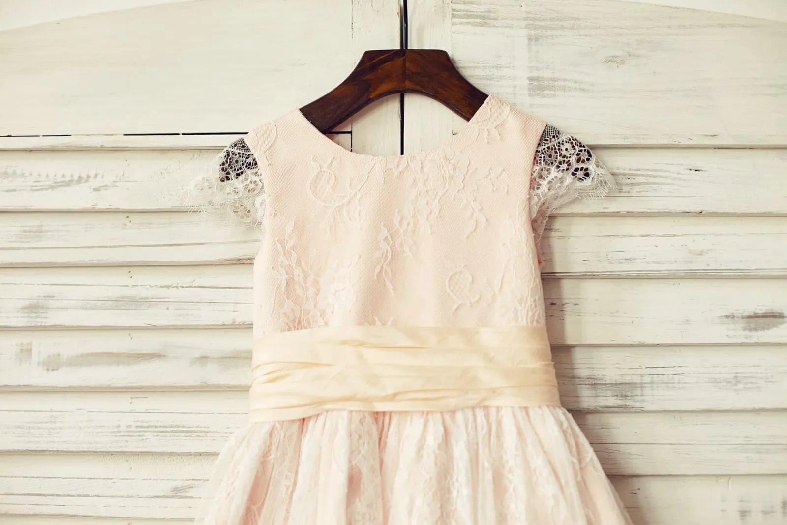 Blush Satin Ivory Lace Cap Sleeves Flower Girl Dress, Belt
