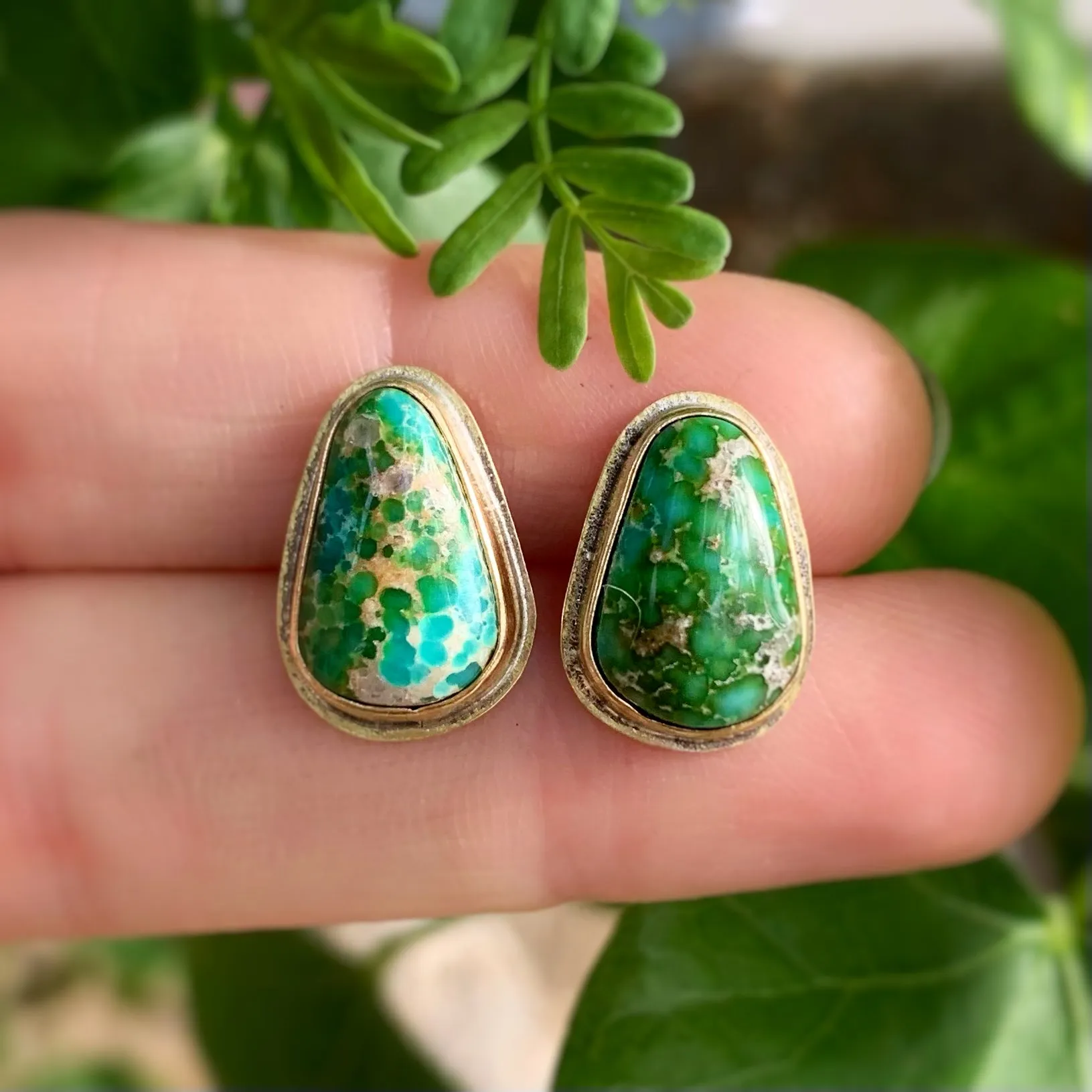 Brass turquoise studs with removable fringe and 14K gold-filled ear wires