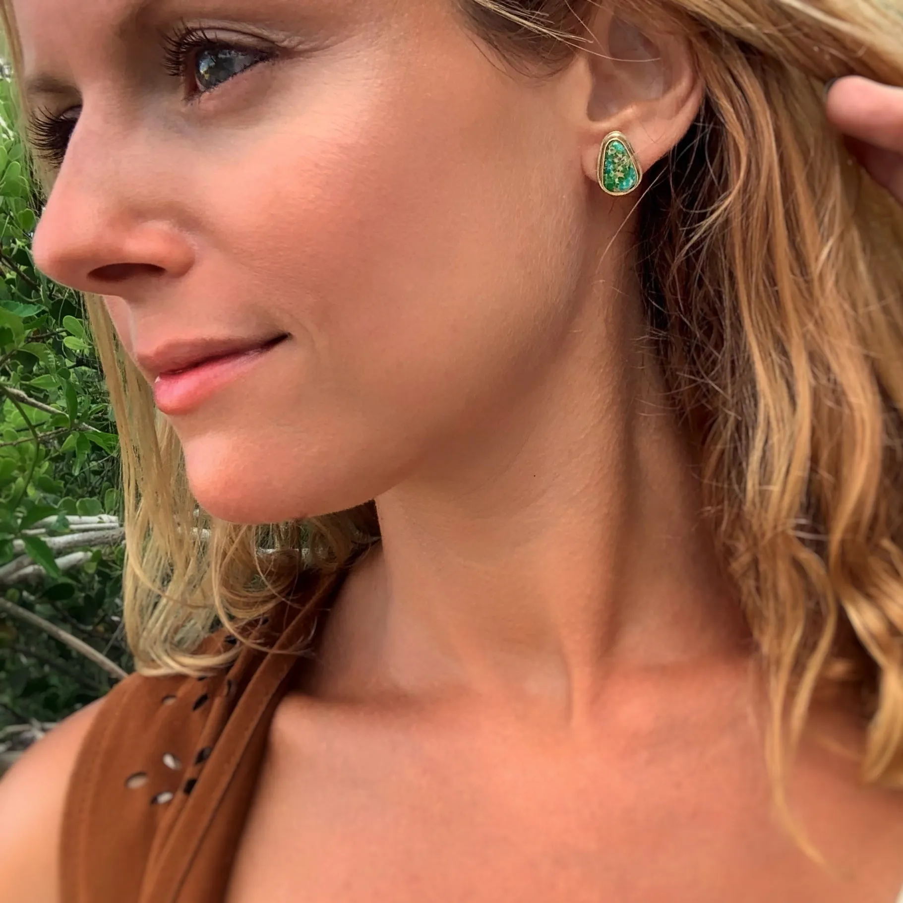 Brass turquoise studs with removable fringe and 14K gold-filled ear wires