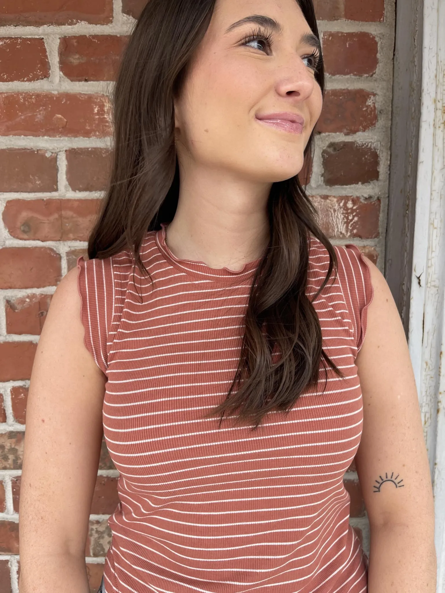 Brushed Stripe Ruffle Slv Top