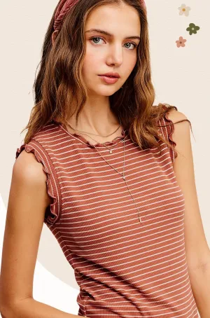 Brushed Stripe Ruffle Slv Top