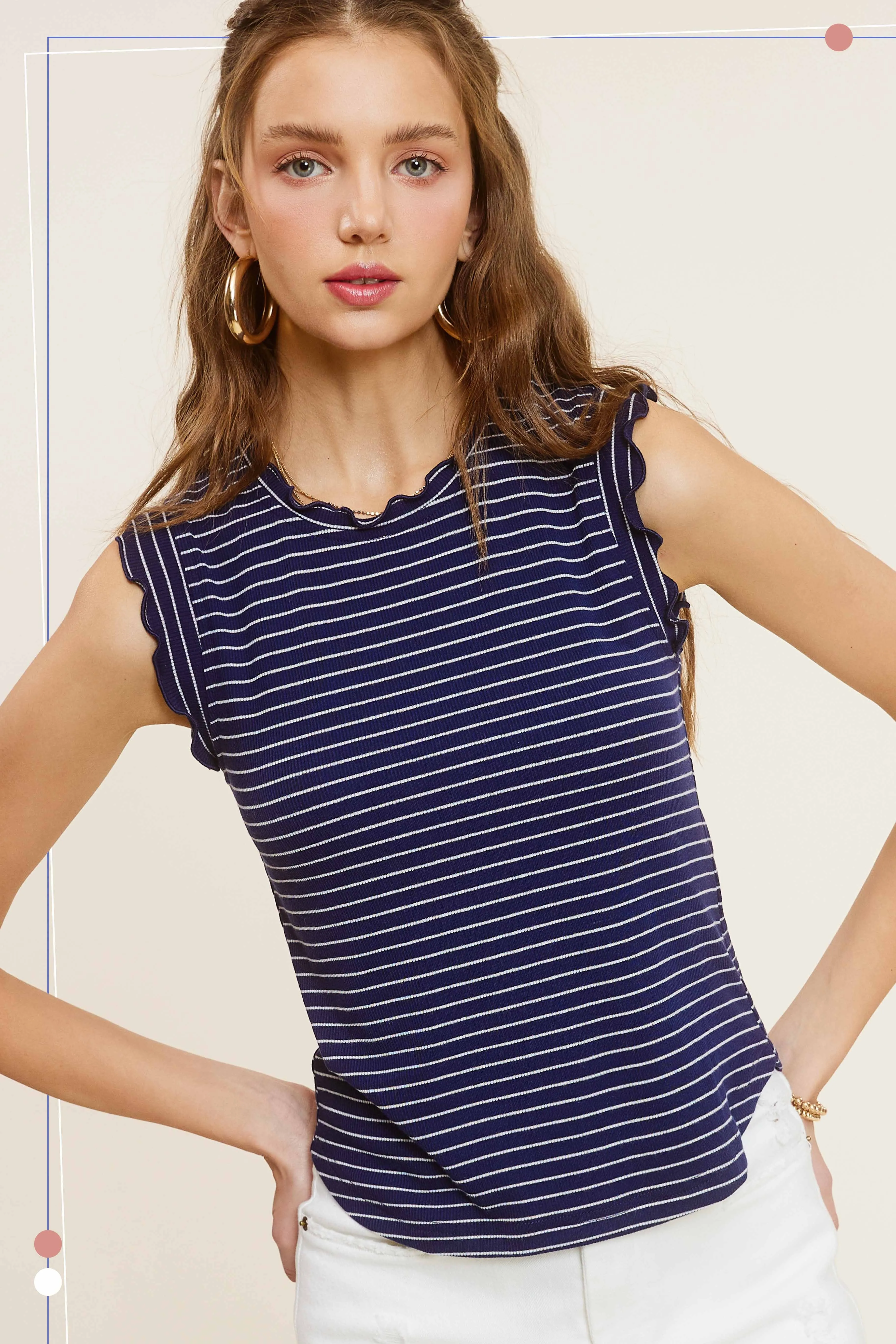 Brushed Stripe Ruffle Slv Top