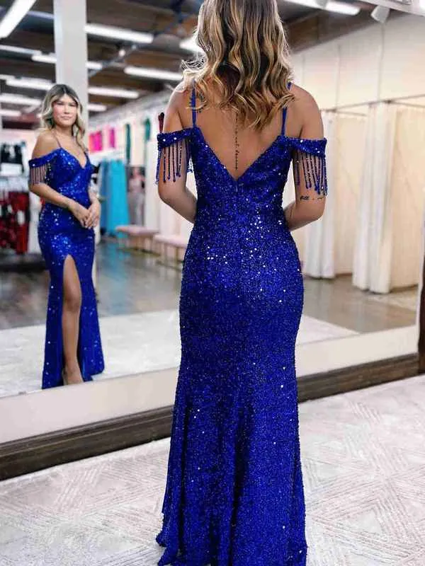 Burgundy Sequines Fringe Shoulder Pleated Long Prom