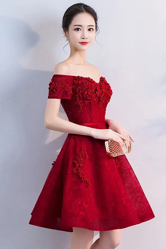Burgundy tulle lace short prom dress, burgundy homecoming dress