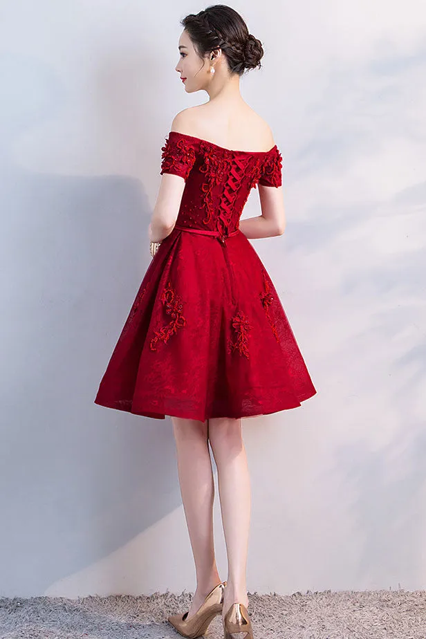 Burgundy tulle lace short prom dress, burgundy homecoming dress