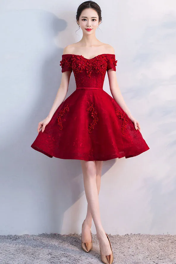 Burgundy tulle lace short prom dress, burgundy homecoming dress