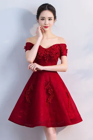 Burgundy tulle lace short prom dress, burgundy homecoming dress