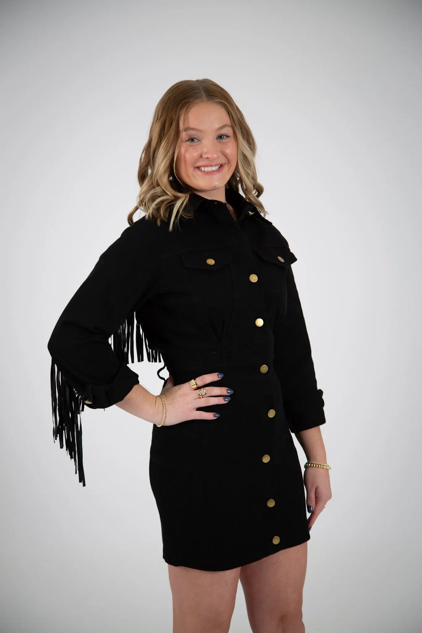 Button Up Fringe Back Dress