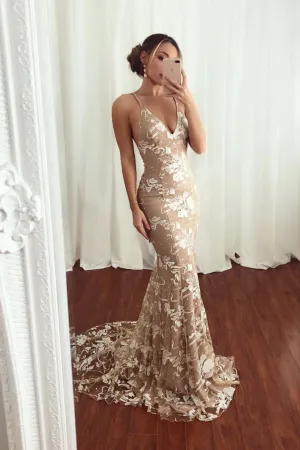 Champagne lace mermaid long prom dress, champagne long evening dress
