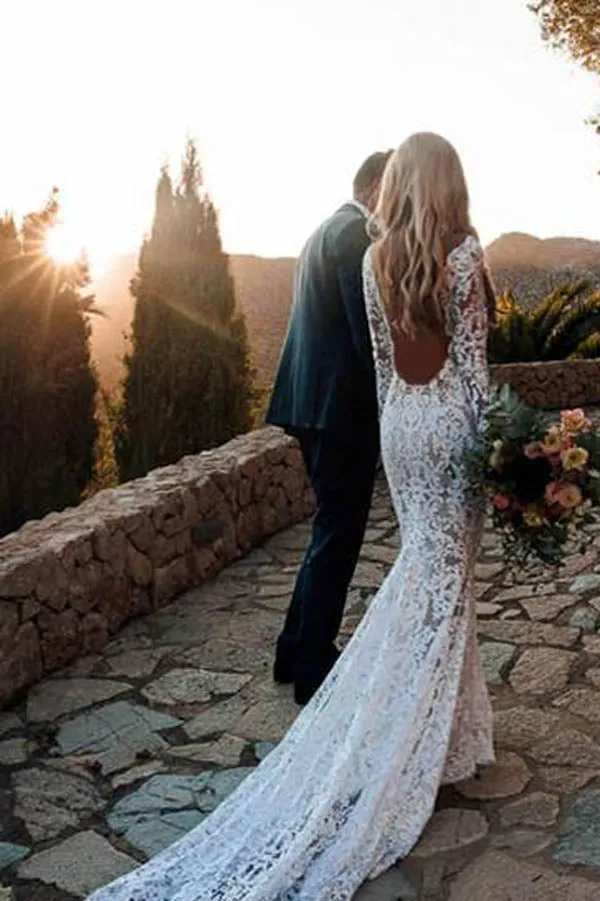 Charming Long Sleeve See Through Lace Rustic Mermaid Wedding Dress,MW266