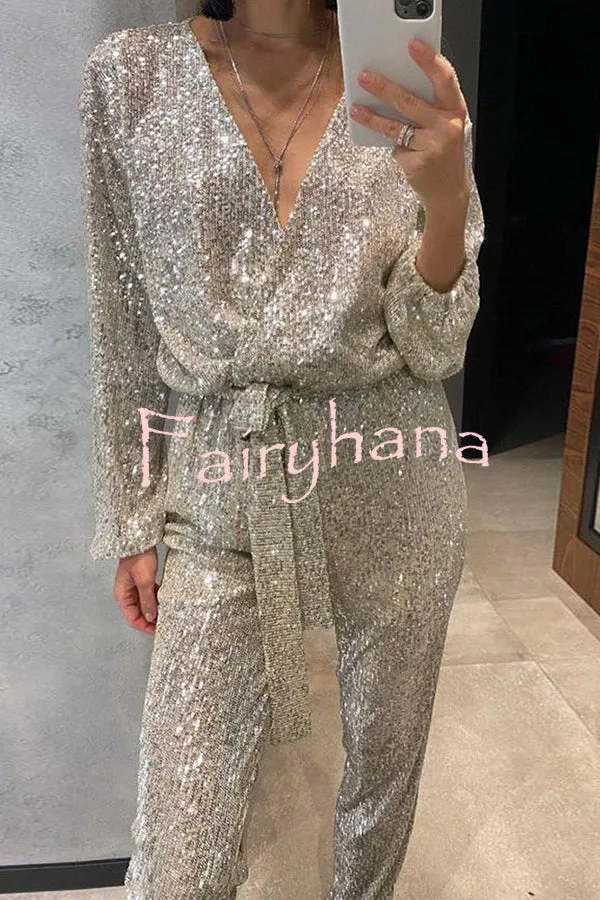 Cheers To You Sequin Long Sleeve Belted Wrap Loose Jumpsuit