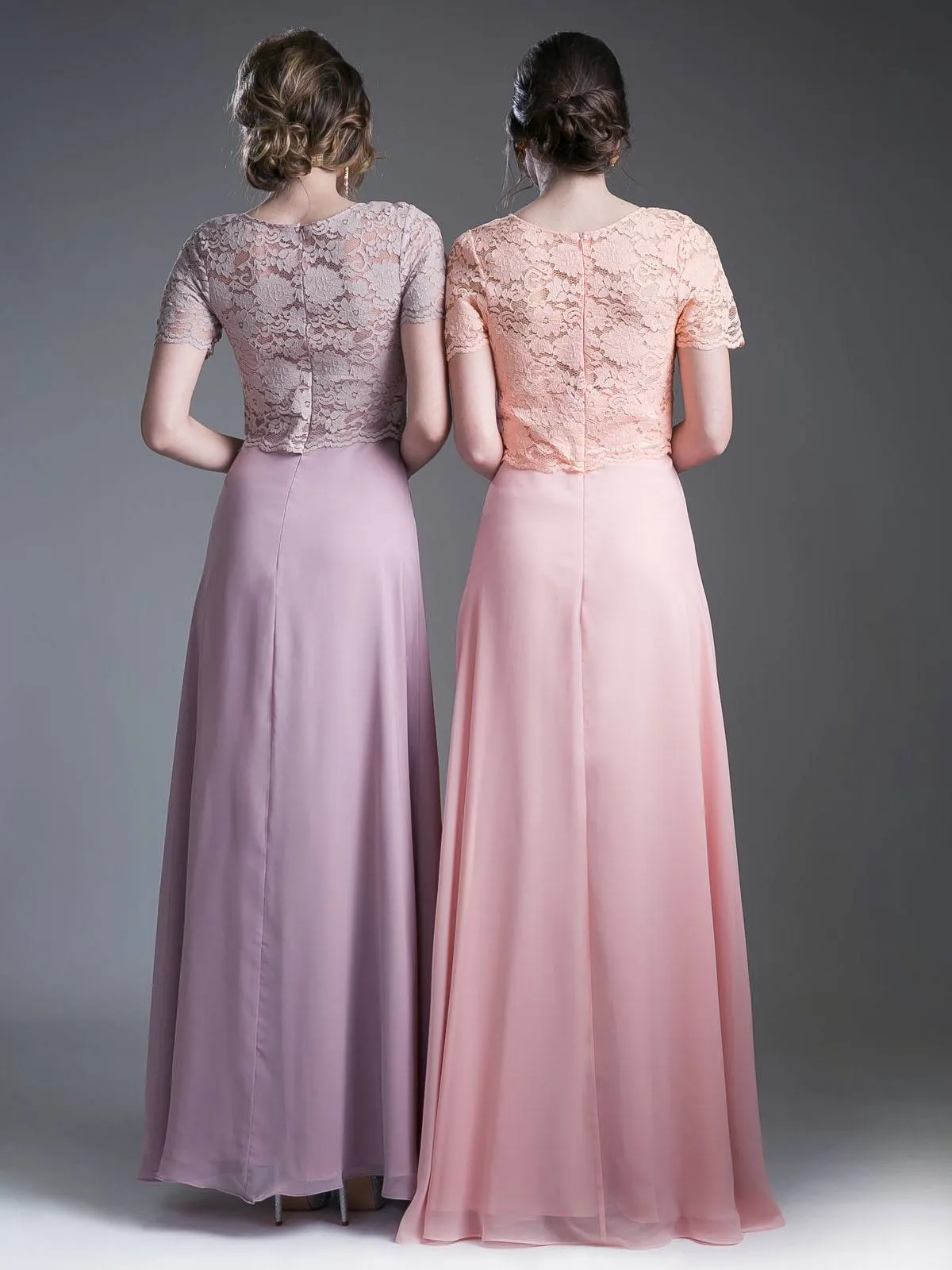 Cinderella Divine CF160 Lace Bodice Short Sleeves A-line Long Dress