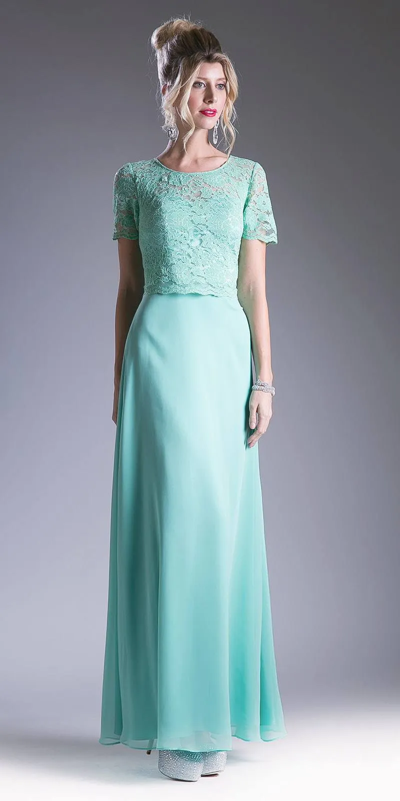 Cinderella Divine CF160 Lace Bodice Short Sleeves A-line Long Dress