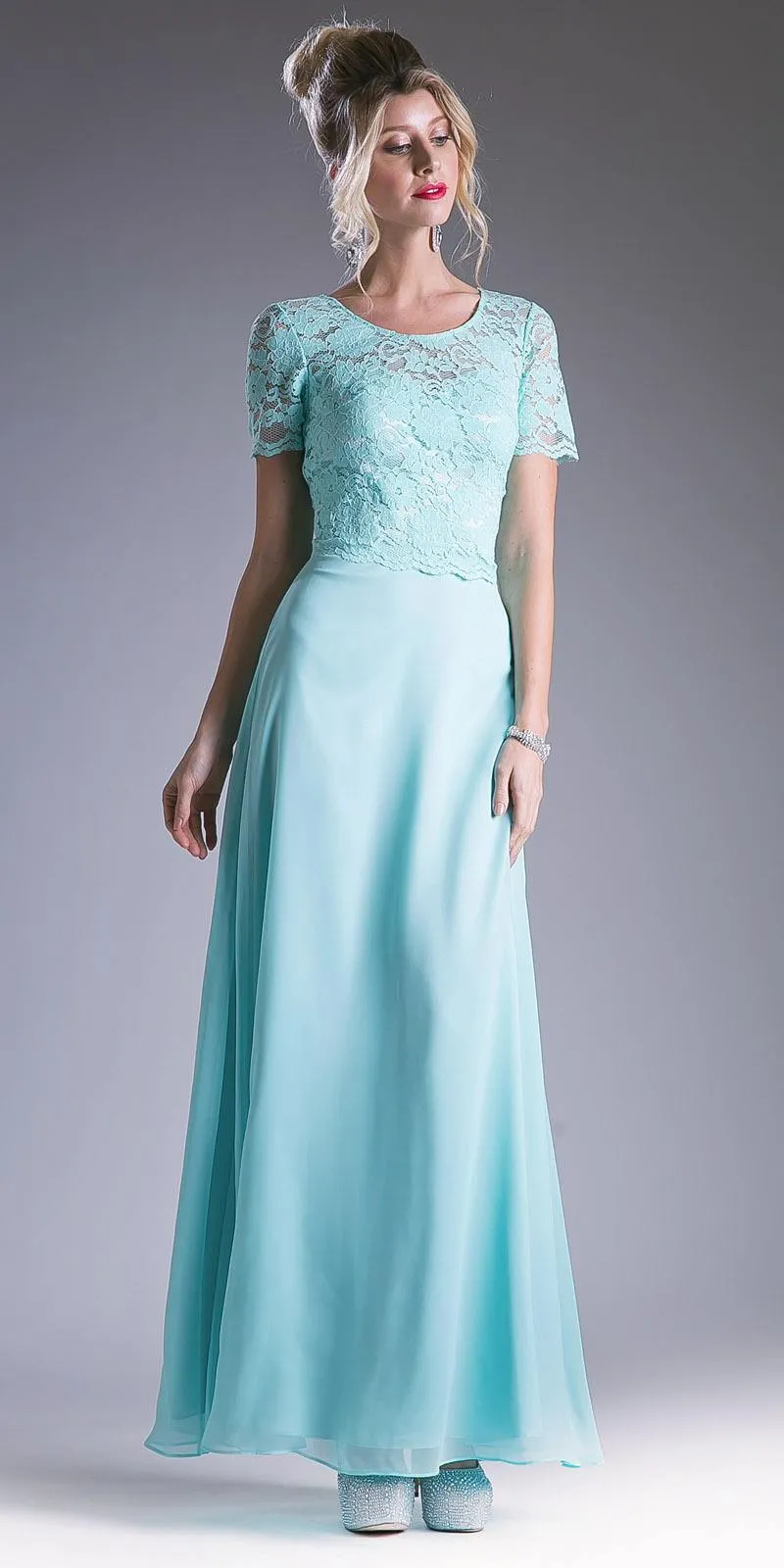 Cinderella Divine CF160 Lace Bodice Short Sleeves A-line Long Dress