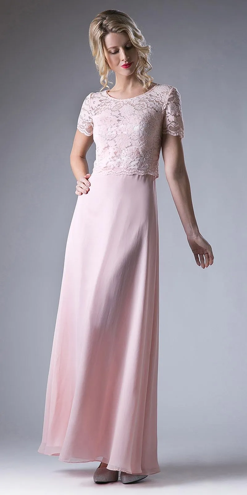 Cinderella Divine CF160 Lace Bodice Short Sleeves A-line Long Dress