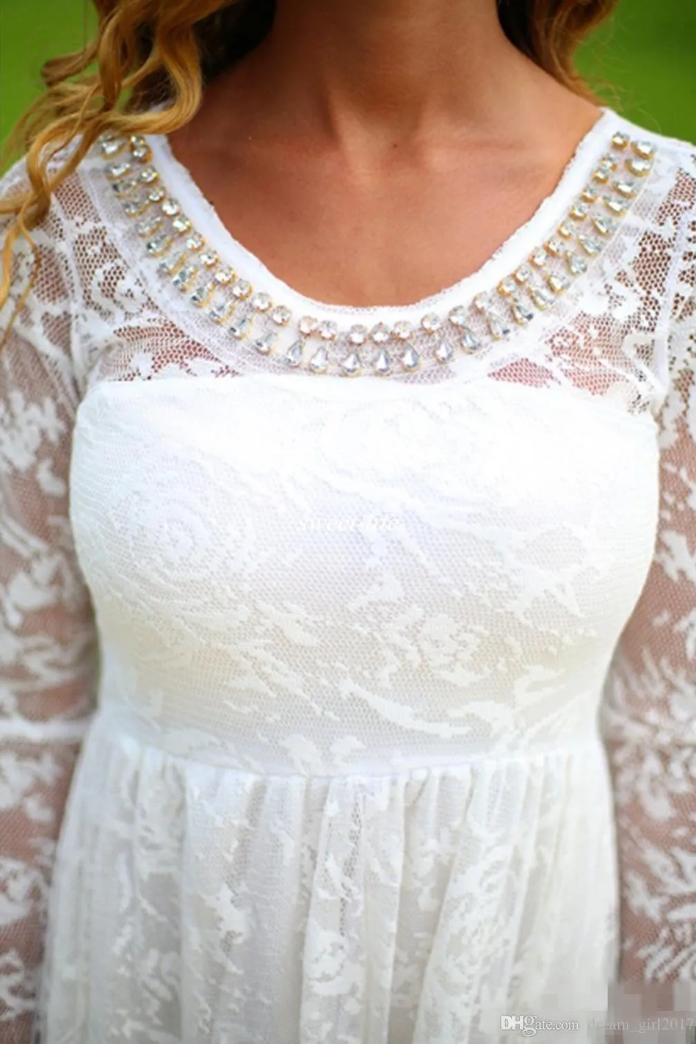 Classic Long Sleeves Lace Beach Knee-Length Wedding Dress With Beadings-715631