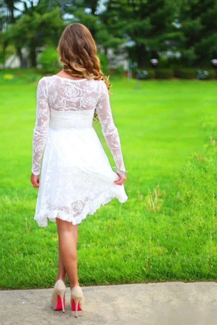 Classic Long Sleeves Lace Beach Knee-Length Wedding Dress With Beadings-715631