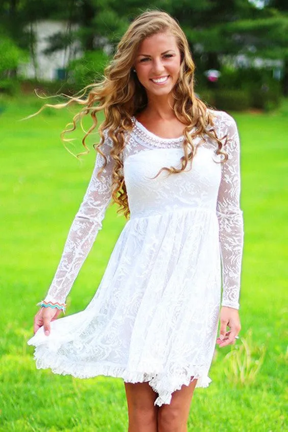 Classic Long Sleeves Lace Beach Knee-Length Wedding Dress With Beadings-715631