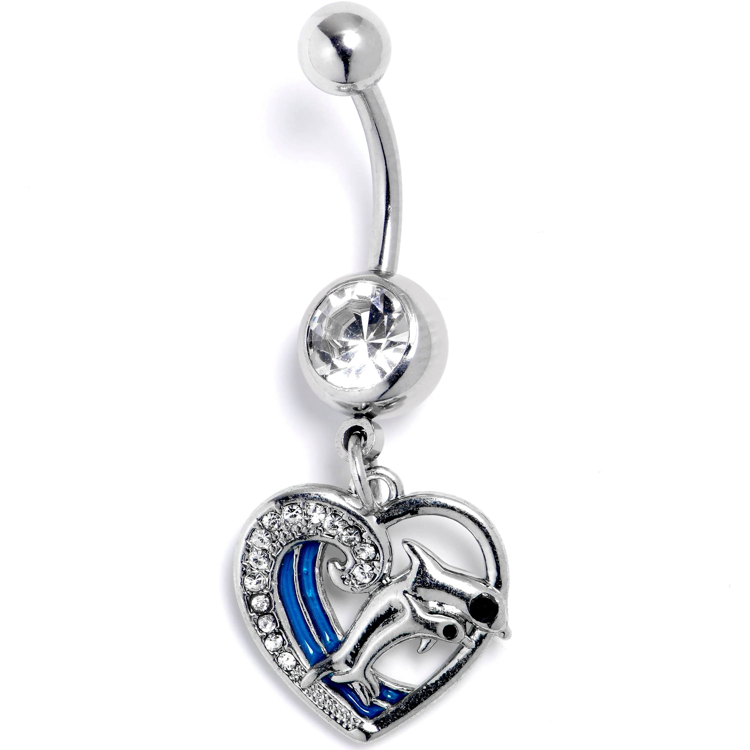 Clear Gem Dolphin Heart Delight Dangle Belly Ring