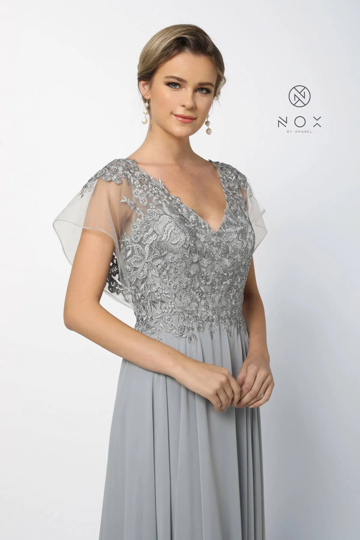 CLEARANCE - Nox Anabel Y526 Long V-Neck Silver Long Dress (Size 2XL)