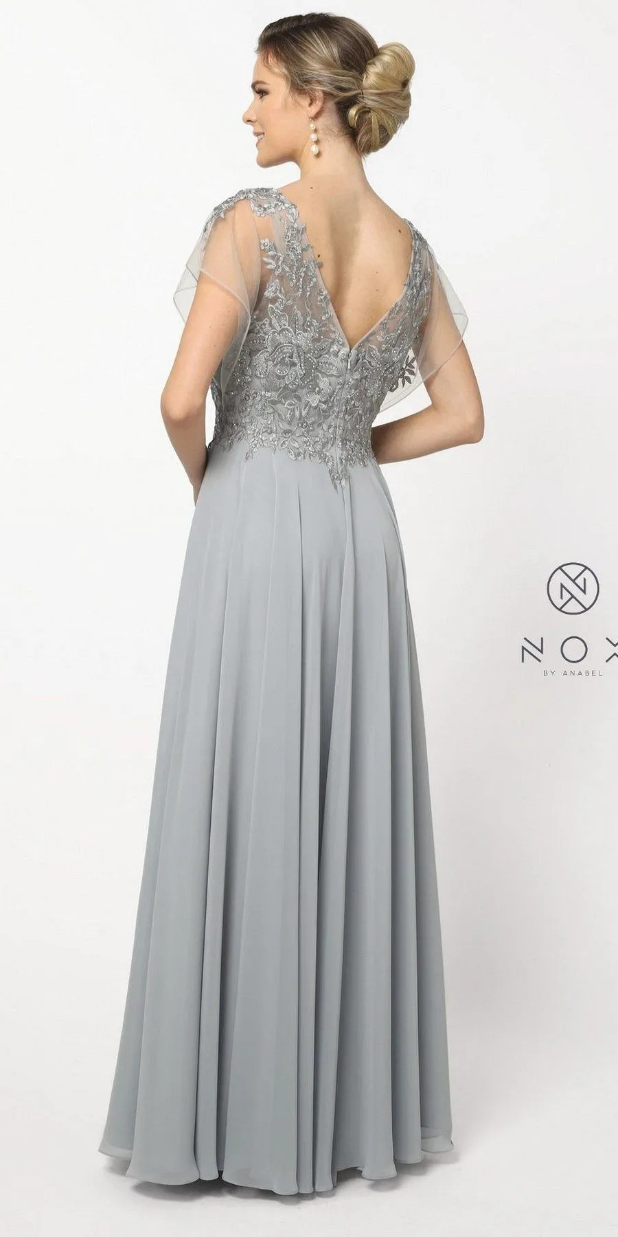 CLEARANCE - Nox Anabel Y526 Long V-Neck Silver Long Dress (Size 2XL)
