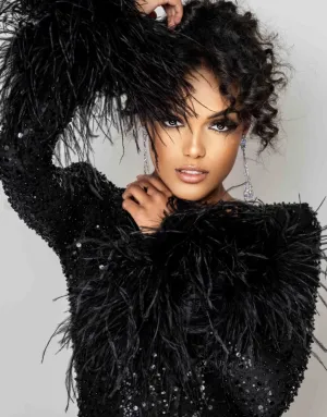 Clio Black Beaded Sequin Jumpsuit with Optional Ostrich Feather Accents | Debbie Carroll Designs