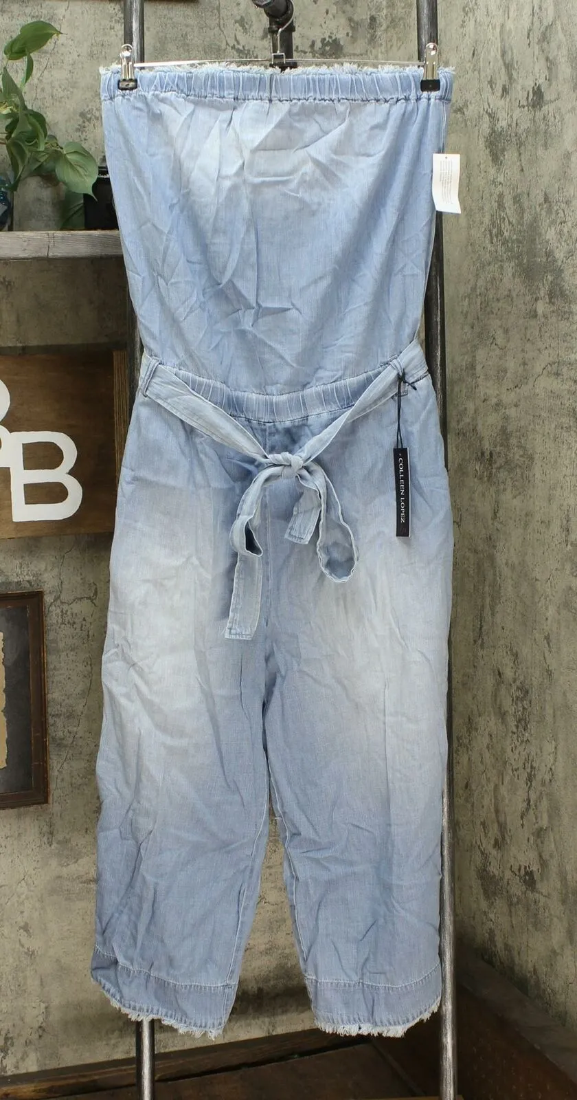 Colleen Lopez Women's Strapless Belted Chambray Denim Jumpsuit