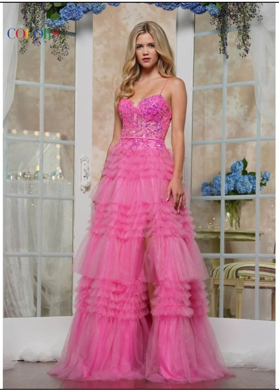 Colors Dress 3619 Embellished Illusion Corset Top And Ruffle Tier Skirt With
