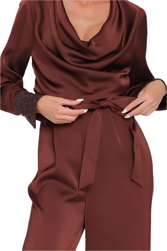 Cowl Belted Sequin Sleeve Band Detailing Jumpsuit