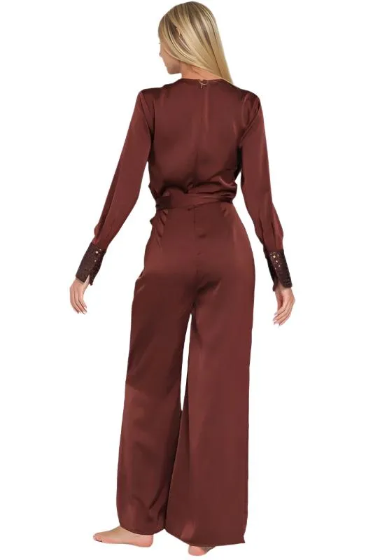 Cowl Belted Sequin Sleeve Band Detailing Jumpsuit