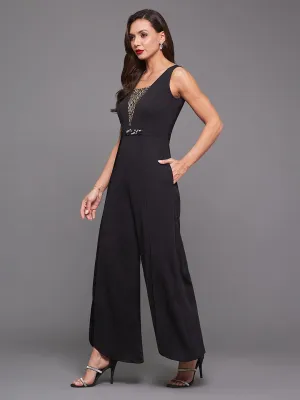 Crease Ease Cocktail Women's Black Square Neck Sleeveless Sequined Lace Layered Party Jumpsuit