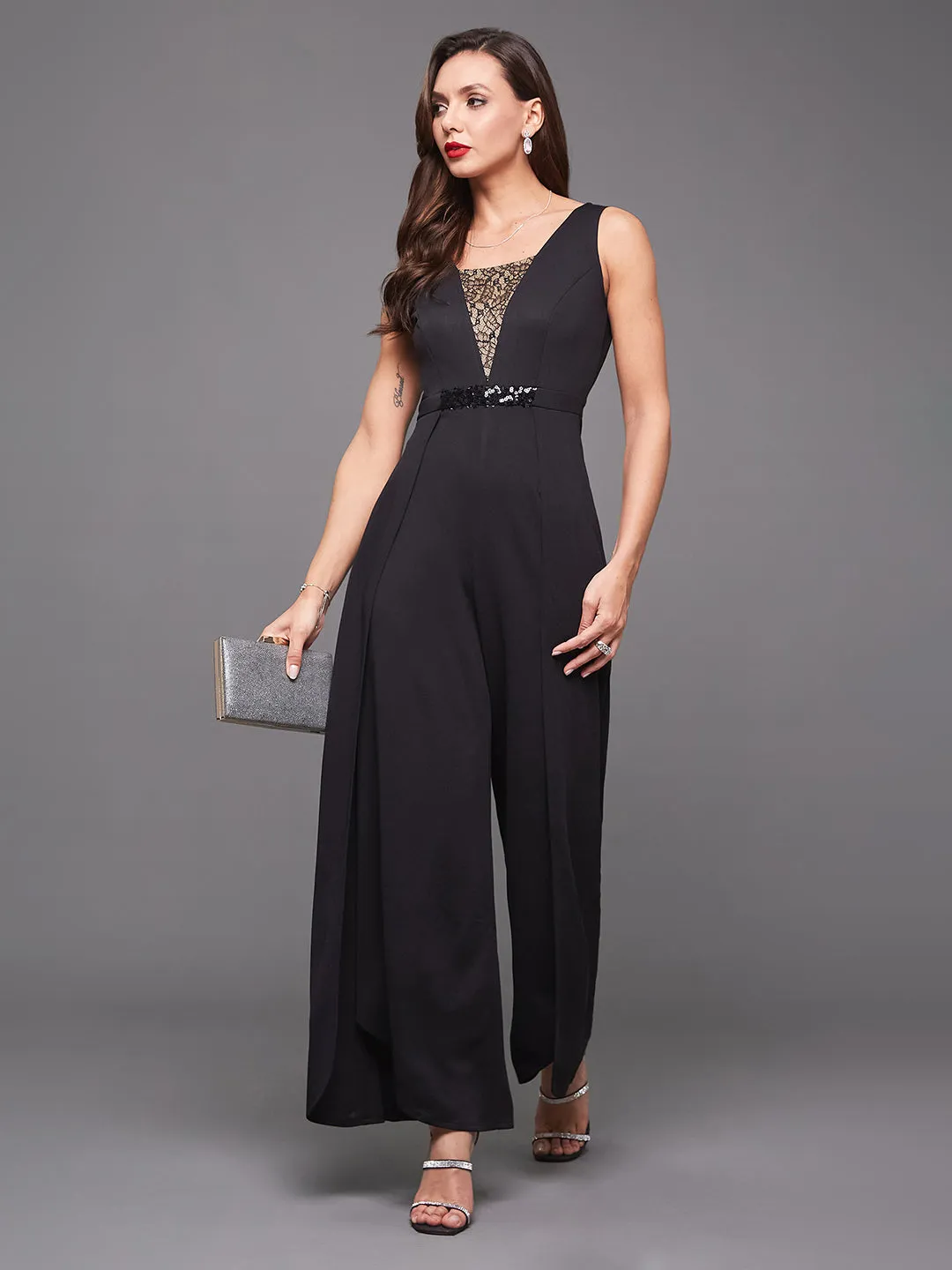 Crease Ease Cocktail Women's Black Square Neck Sleeveless Sequined Lace Layered Party Jumpsuit