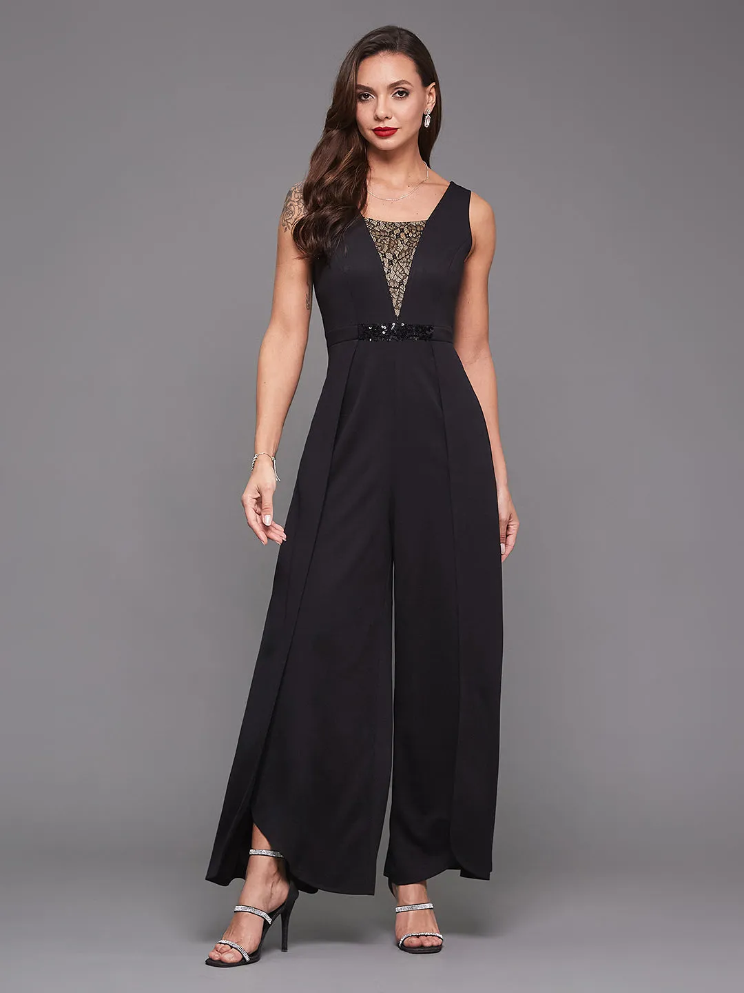 Crease Ease Cocktail Women's Black Square Neck Sleeveless Sequined Lace Layered Party Jumpsuit